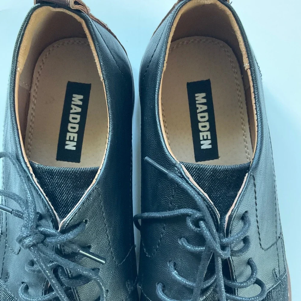 Madden‎ M-Yanton Mens Black Denim Faux Leather Oxford Dress Shoes 8.5 Minimalist